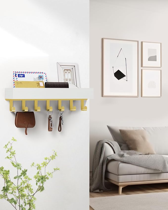 Key Holder Wall Mount Adhesive Magnetic - Hanging Key Hooks with Mail Organizer Tray for Wallet House - Keys Hanger Rack with Shelf for Camper Entryway Door Home Living Room Decor Large Gold White