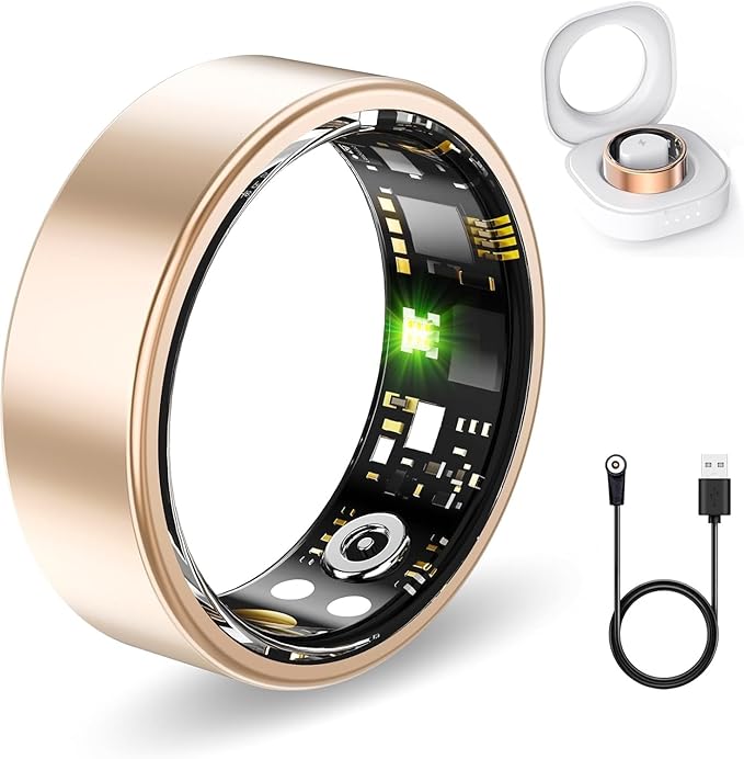 Smart Health Rings for Women Men, Fit Ring with Heart Rate, Blood Oxygen, HRV, Sleep Tracker, Step Tracker, No Subscription Fee, IP68 Waterproof Smart Ring for iPhone & Android (Gold 7#)