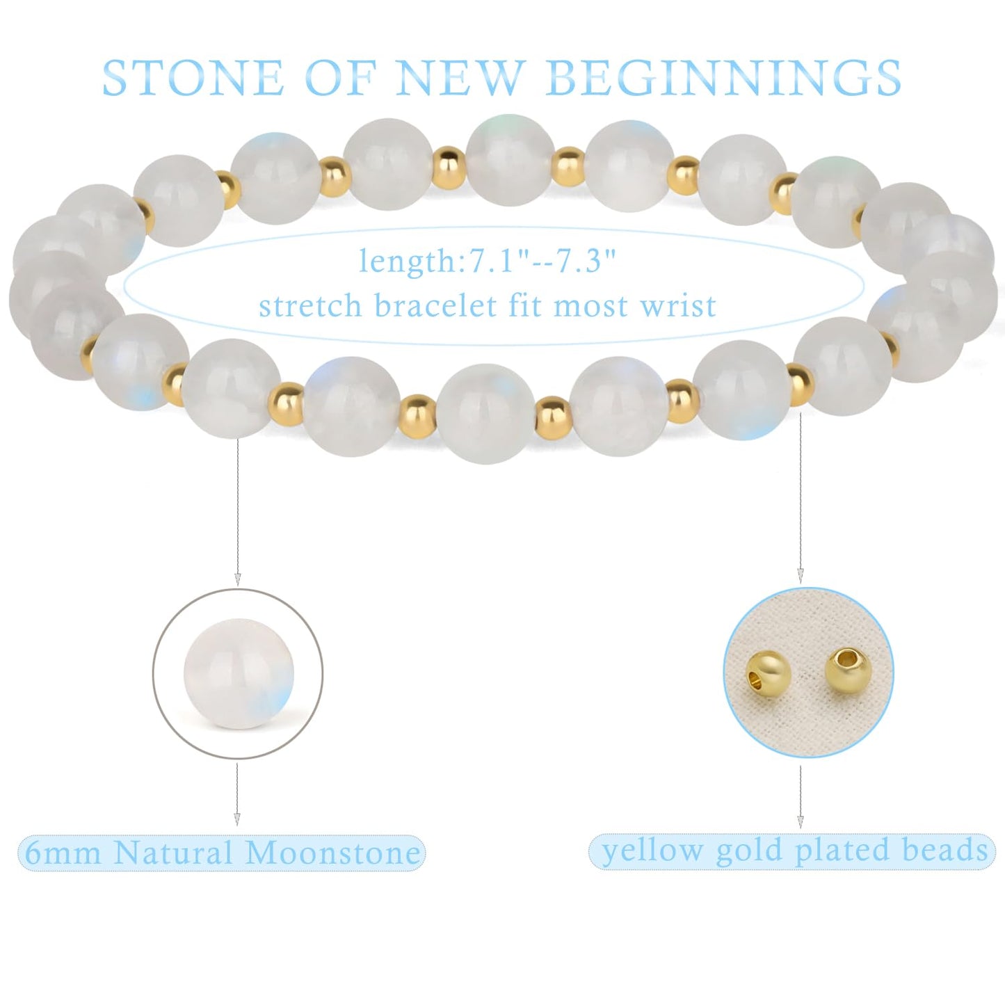 QOGIR Moonstone - New Beginnings - 14K Gold Plated Beads Natural Gemstone Stretch Elastic Dainty Healing Beaded Bracelets Gifts 6mm