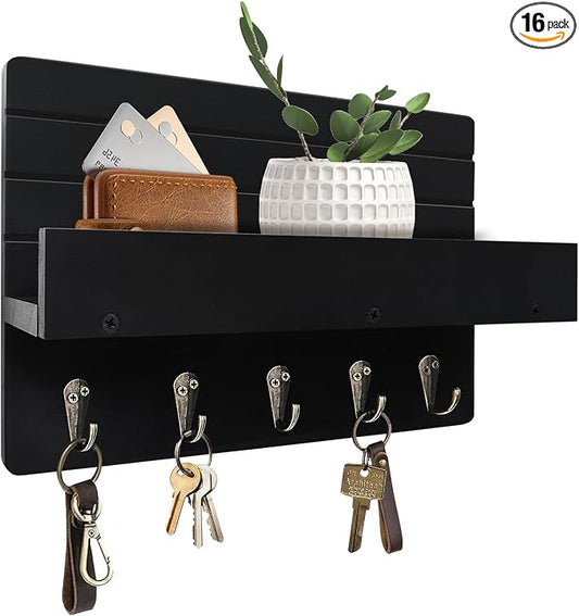Key Holder Wall Mount, Decorative Key Rack with Shelf & 5 Sturdy Hooks, Rustic Key Hooks for Wall for Mail Organizer Hanging Dog Leash, Glasses, Wooden Key Hanger with Mounting Hardware