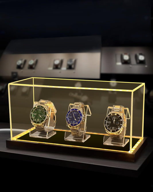 VINJKZQ Acrylic Watch Display Case for 3 Watches, Premium 3mm Thick Dustproof Collector's Box with Solid Wood LED Light Base, USB Powered Watch Holder Organizer Stand