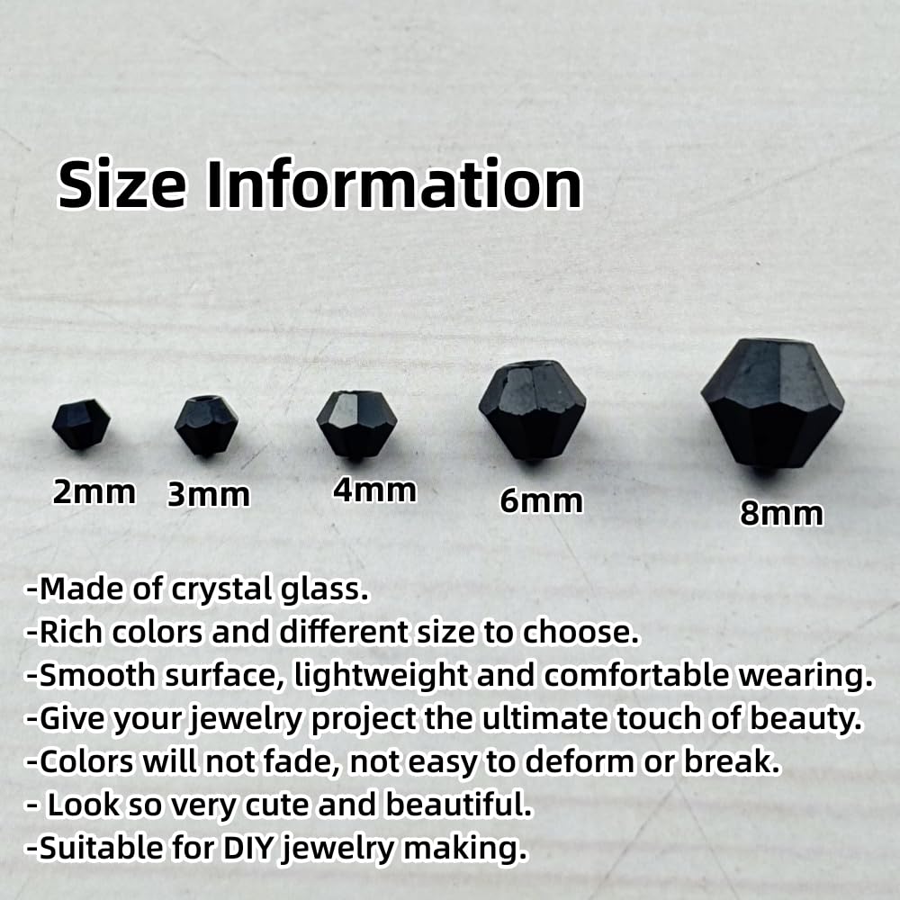 Pinhoollgo 1310pcs Bicone Crystal Glass Beads 2mm 3mm 4mm 6mm 8mm Faceted Crystal Spacer Beads for Bracelets Necklace Pendants Earrings DIY Jewelry Craft Making(Black)