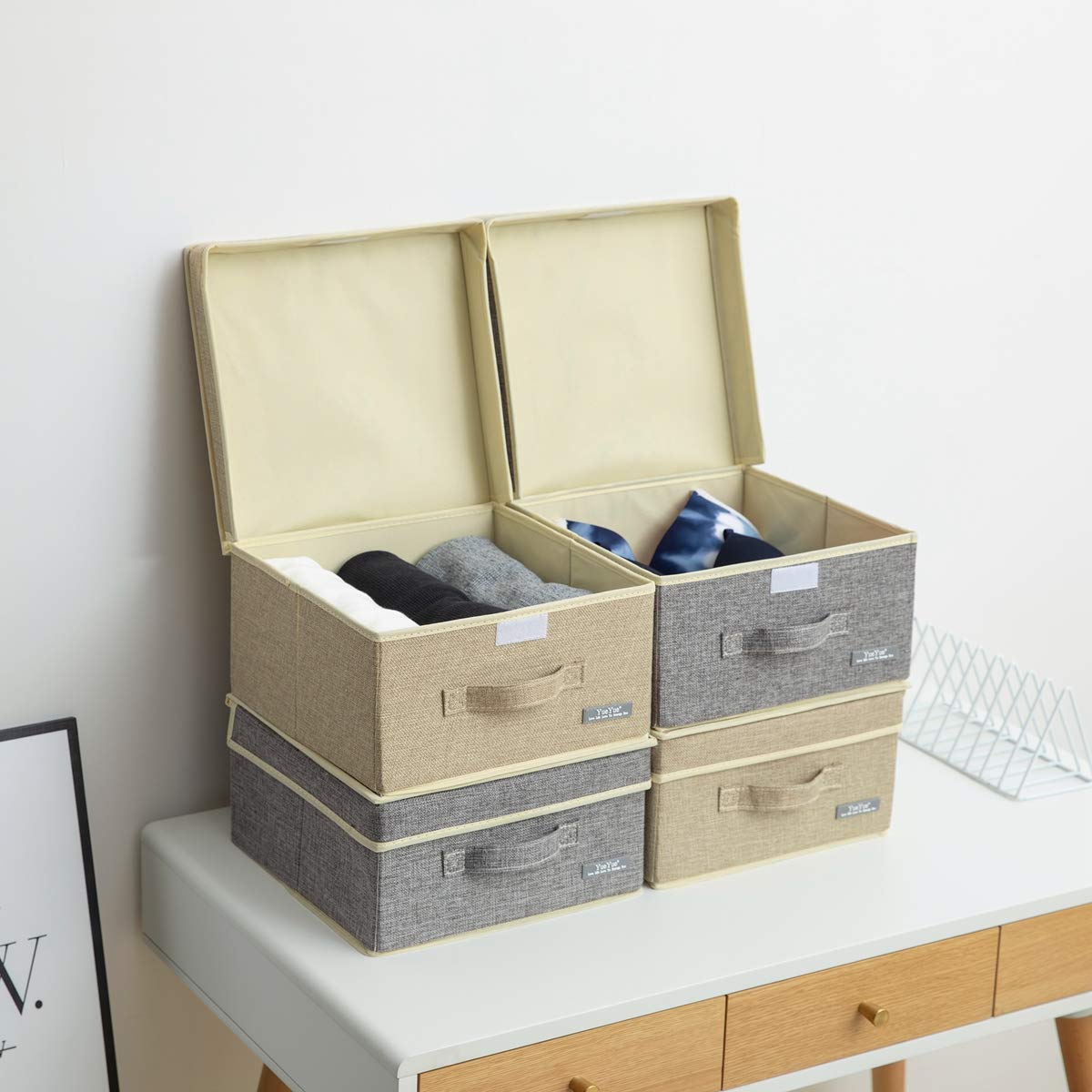 YueYue 4 Pack Small Fabric Storage Box with Lids, Foldable Linen Storage Box with Lids 4 Pieces Gray&Linen Set 12.4in/12in/6.7in
