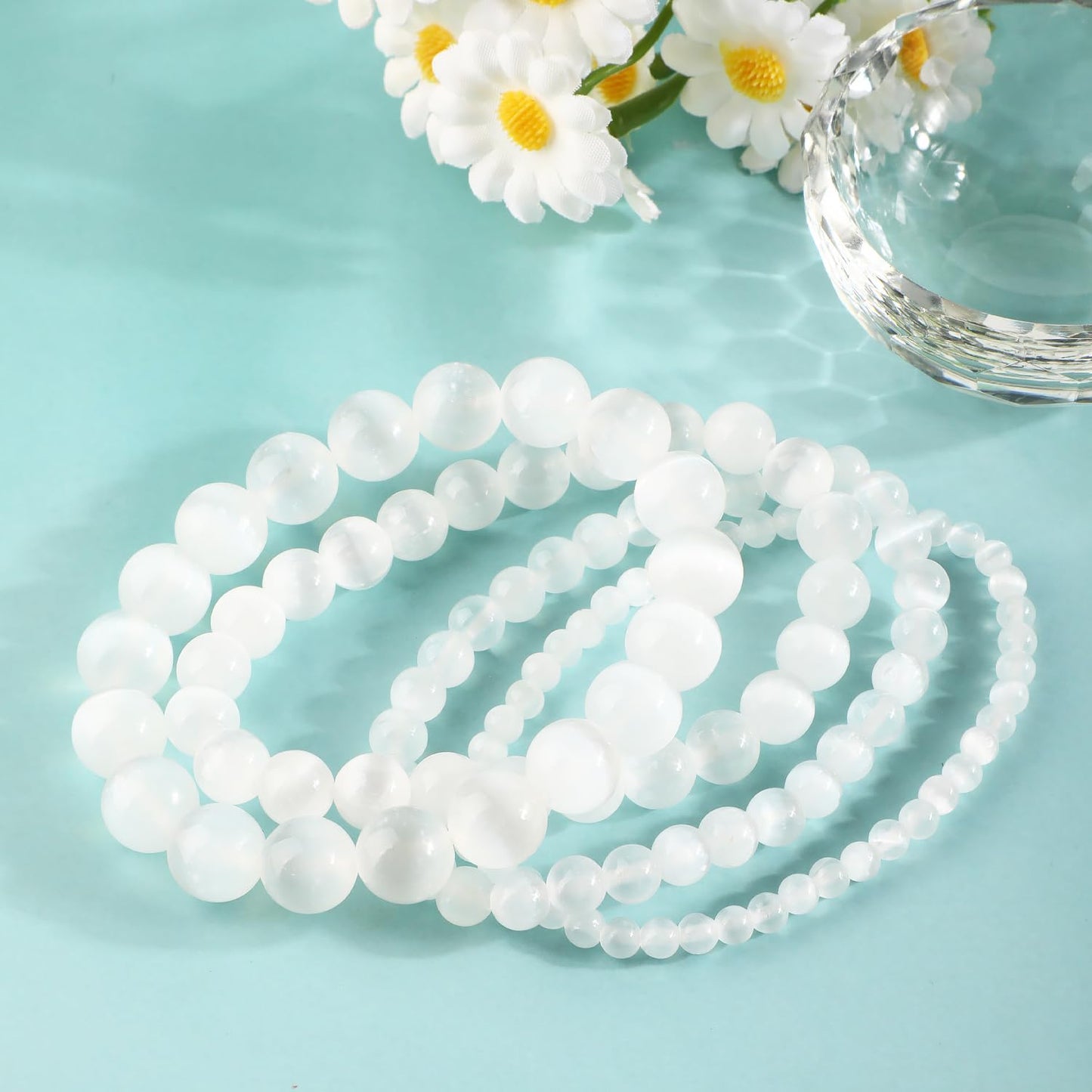 AD Beads 10mm Handmade Selenite crystal Elastic Bracelet – Natural Gemstone for Inspire treatments of body – Meditation, Yoga, Healing and Energy Gift for Men Women