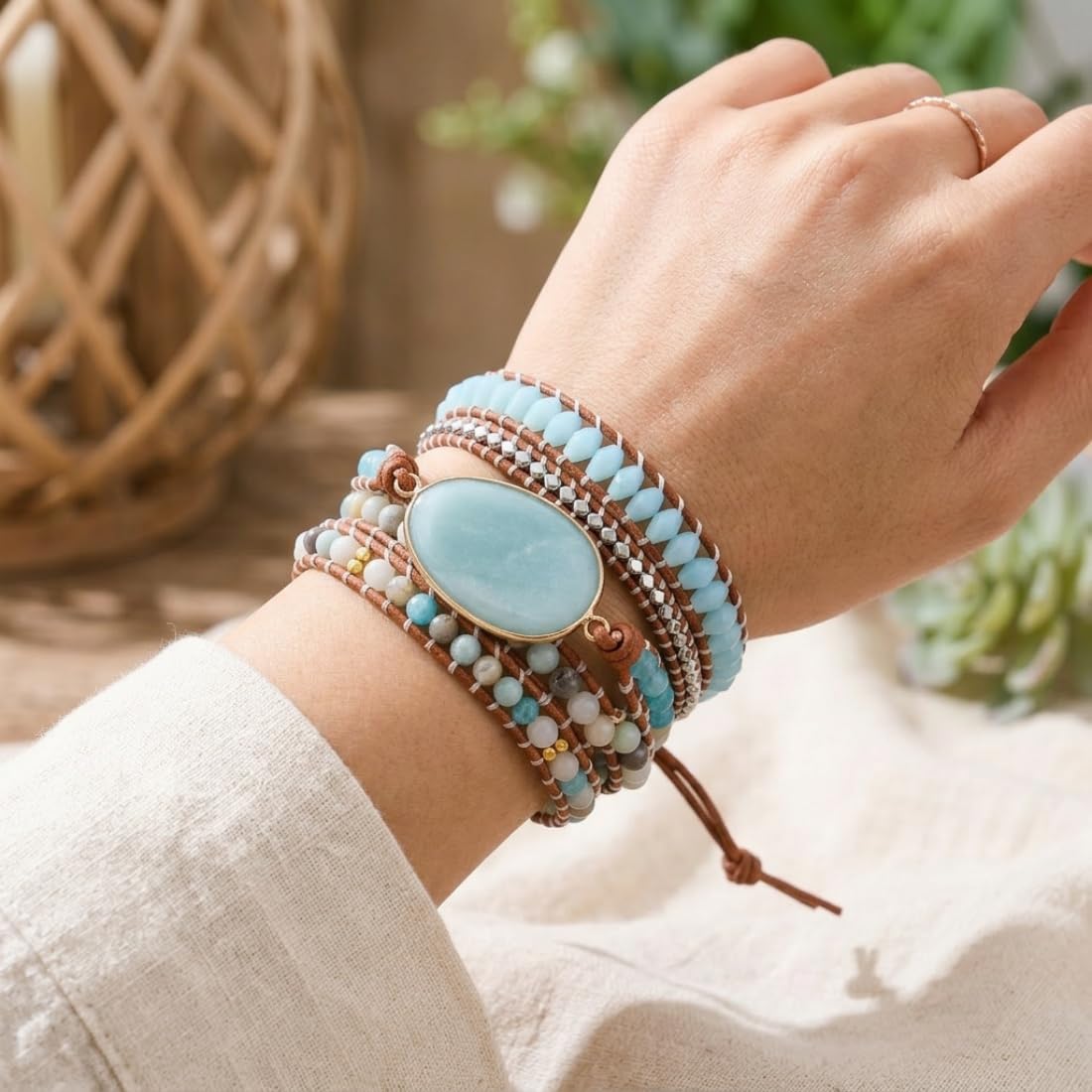 YGLINE Handmade Bohemian Natural Stones Bracelet - Leather Bracelet with Chakra and Beads Wrapped for Women