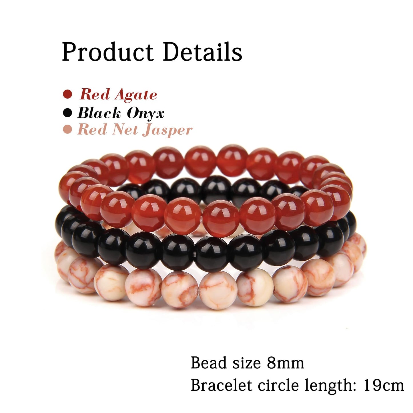 Risyfjew 3 PCS Healing Crystal Bracelet Women 8mm Natural Stone Beaded Stretch Bracelet Red Agate Net Jasper Jewelry Gifts