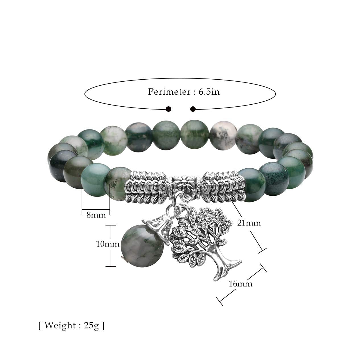 Jovivi 8MM Natural Moss Agate Gemstone Tree Life Lucky Charm Stretch Bracelet