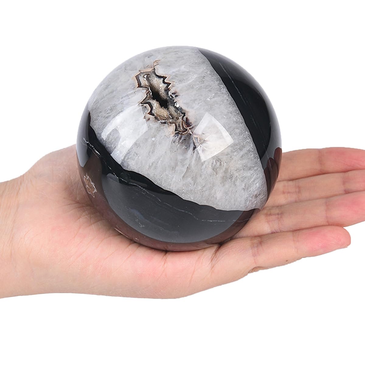 JIC Gem 3.1-3.5 inch(80-90mm) Large Black Onyx Agate Large Crystal Ball Round Healing Crystals Decorative Sphere with Wooden Stand Meditation Witchcraft Home Decor