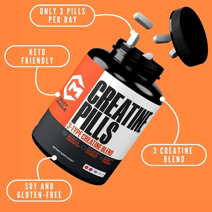 Crazy Muscle, Creatine Pills, 5g 3X Pure Creatine Monohydrate, Pre Workout Bulk Muscle Mass Gainer, High Absorption Easy to Take ThreeAtine 3 Type Optimum Performance for Lean Growth Men Women