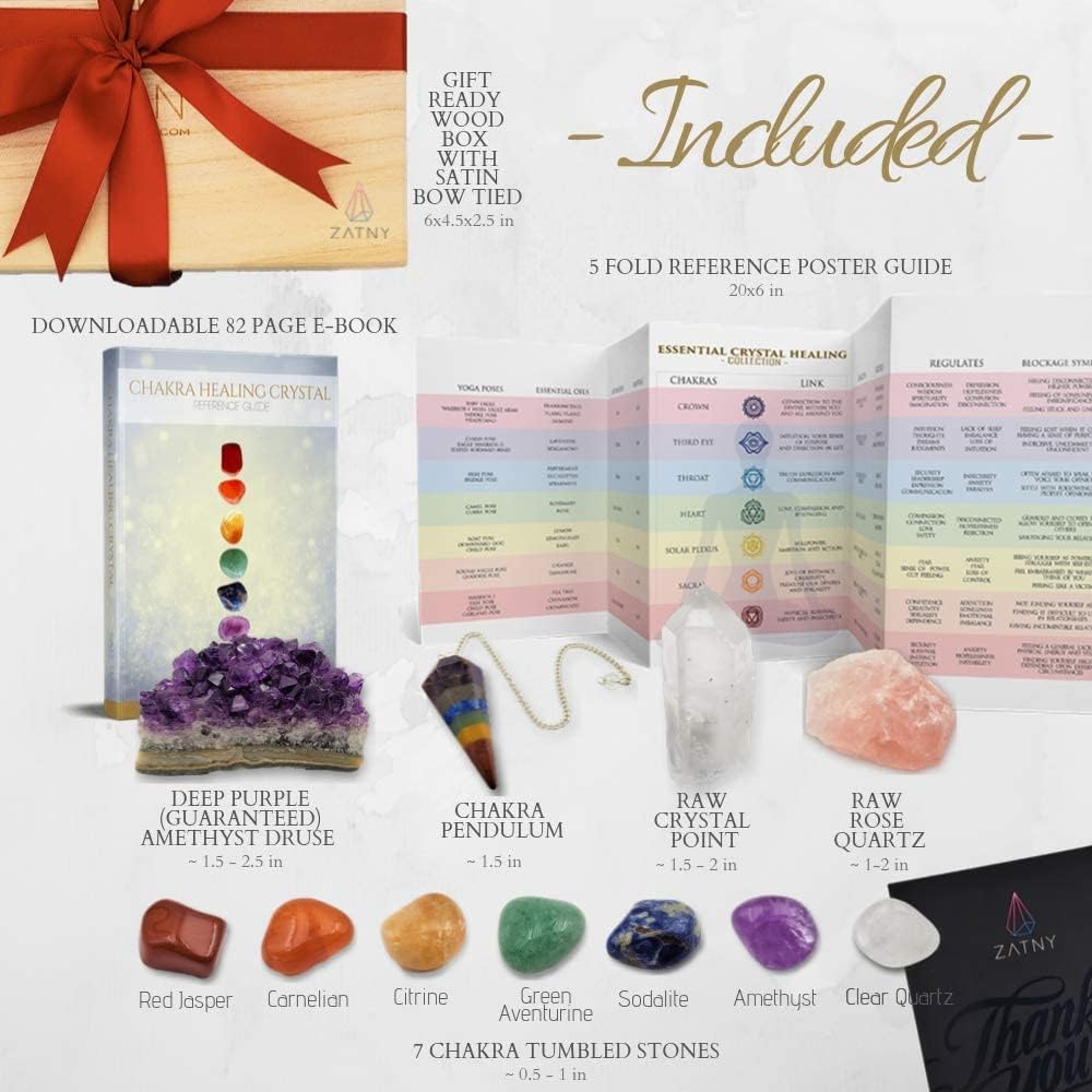 Crystals and Healing Stones Premium Kit Wooden Box - Chakra Stones Healing Crystals Set, Rose Quartz, Amethyst Cluster, Quartz Points, Chakra Pendulum (A Essential Chakra Collection)