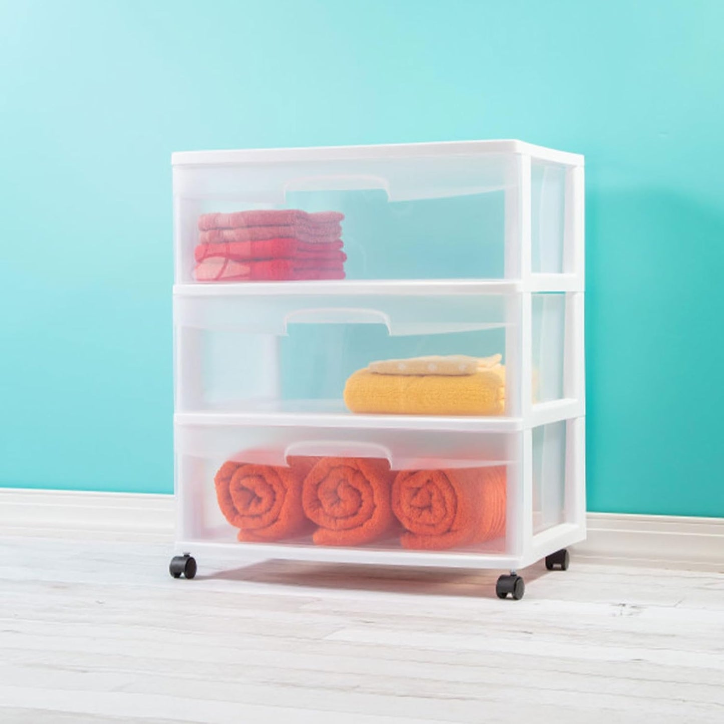 Sterilite 4-Pack Wide 3 Drawer Rolling Storage Cart - Clear Drawers & White Frame for Easy Organization