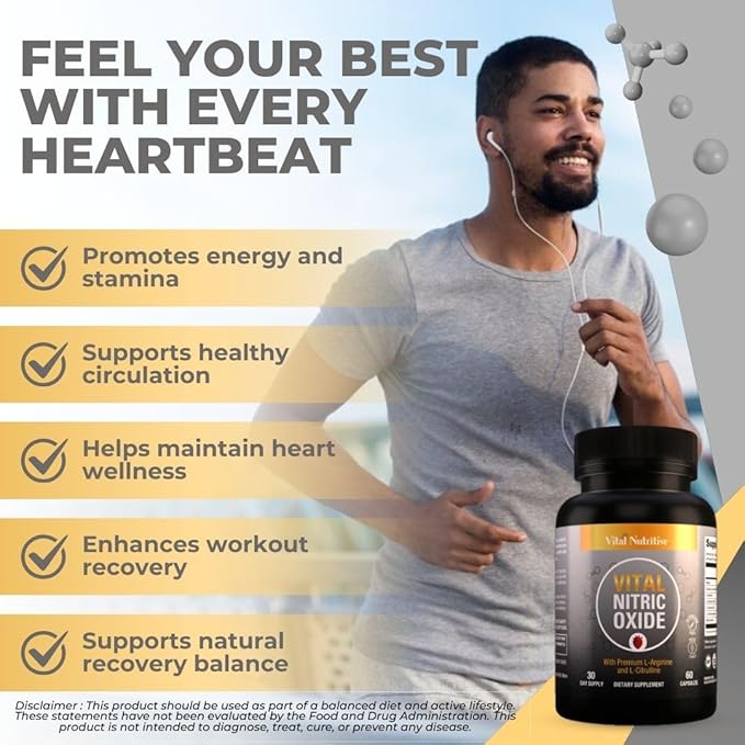 Vital Nitric Oxide Supplements for Men - Workout Booster Supplement for Men - Nitrous Oxide Boost Blood Flow, Blood Pressure, Energy & Workout Performance with L Arginine L Citruline-30 Days Supply