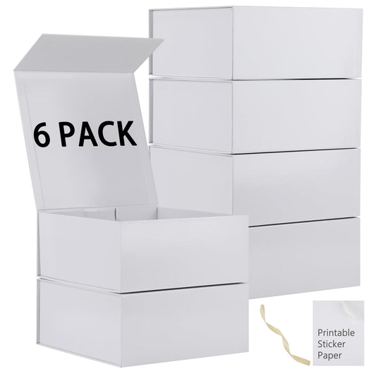 MUMUPACK 6 Pack White Gift Boxes With Lids,9x9x4 Inch Bridesmaid Proposal Box And Printable Stickers,Proposal Boxes With Ribbon For Wedding, Packaging, Present, Birthday