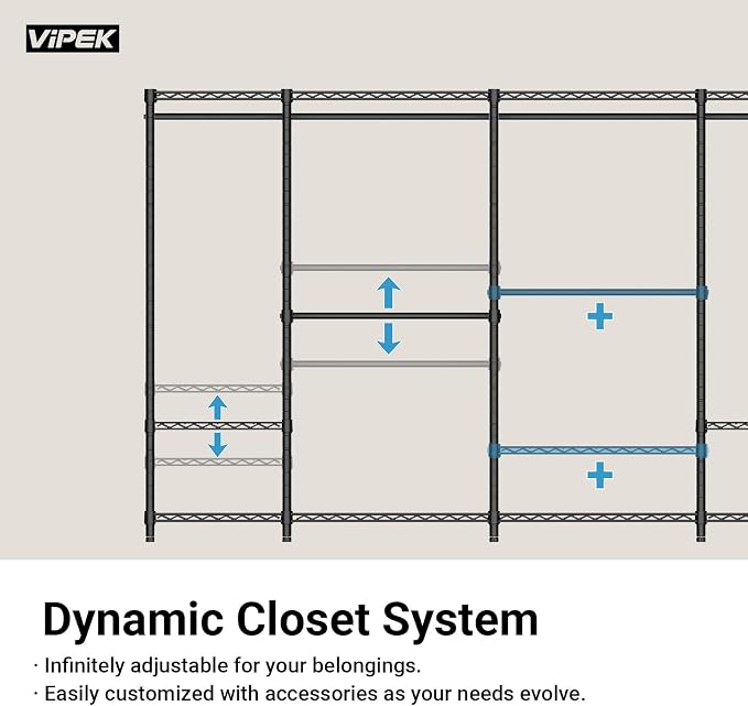 VIPEK V5 Heavy Duty Clothes Rack, Portable Closet Wardrobe with 4 Hanging Rods & 8 Shelves, Freestanding Adjustable Garment Rack for Bedroom, Walk-in Closet, 890 lbs Capacity, Black, 68.9" L