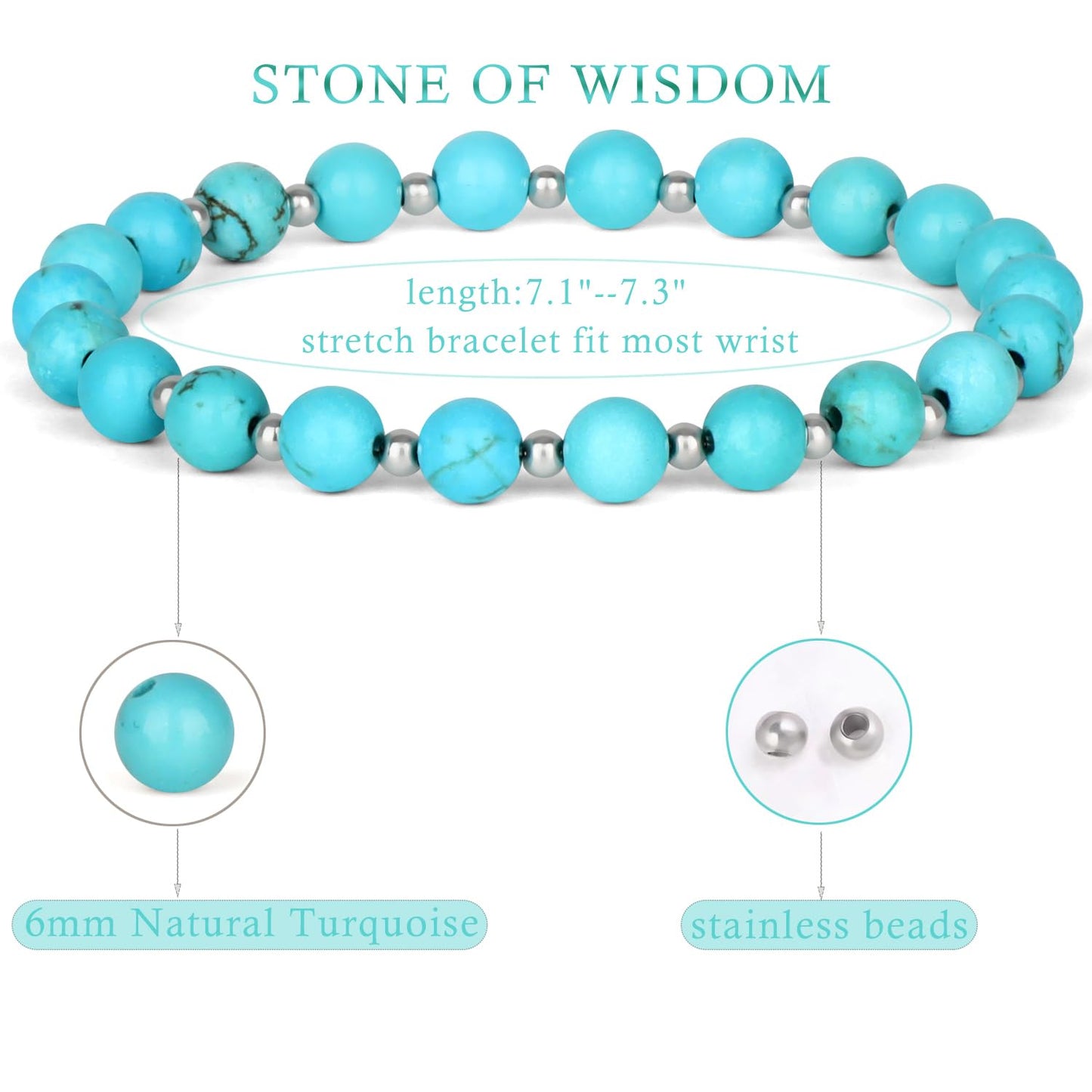 QOGIR Blue Turquoise - Stone of Wisdom - Stainless Silver Beads Natural Gemstone Stretch Elastic Dainty Healing Beaded Bracelets Gifts 6mm