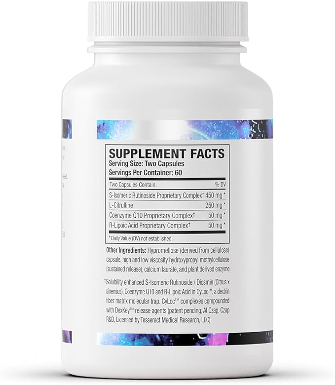Tesseract NOX Flo SR Nitric Oxide Booster, Vascular Health Supplement, 120 Capsules, Sustained-Release L Citrulline, Coenzyme Q10 & R Lipoic Acid, Circulation & Blood Pressure Support, Hypoallergenic