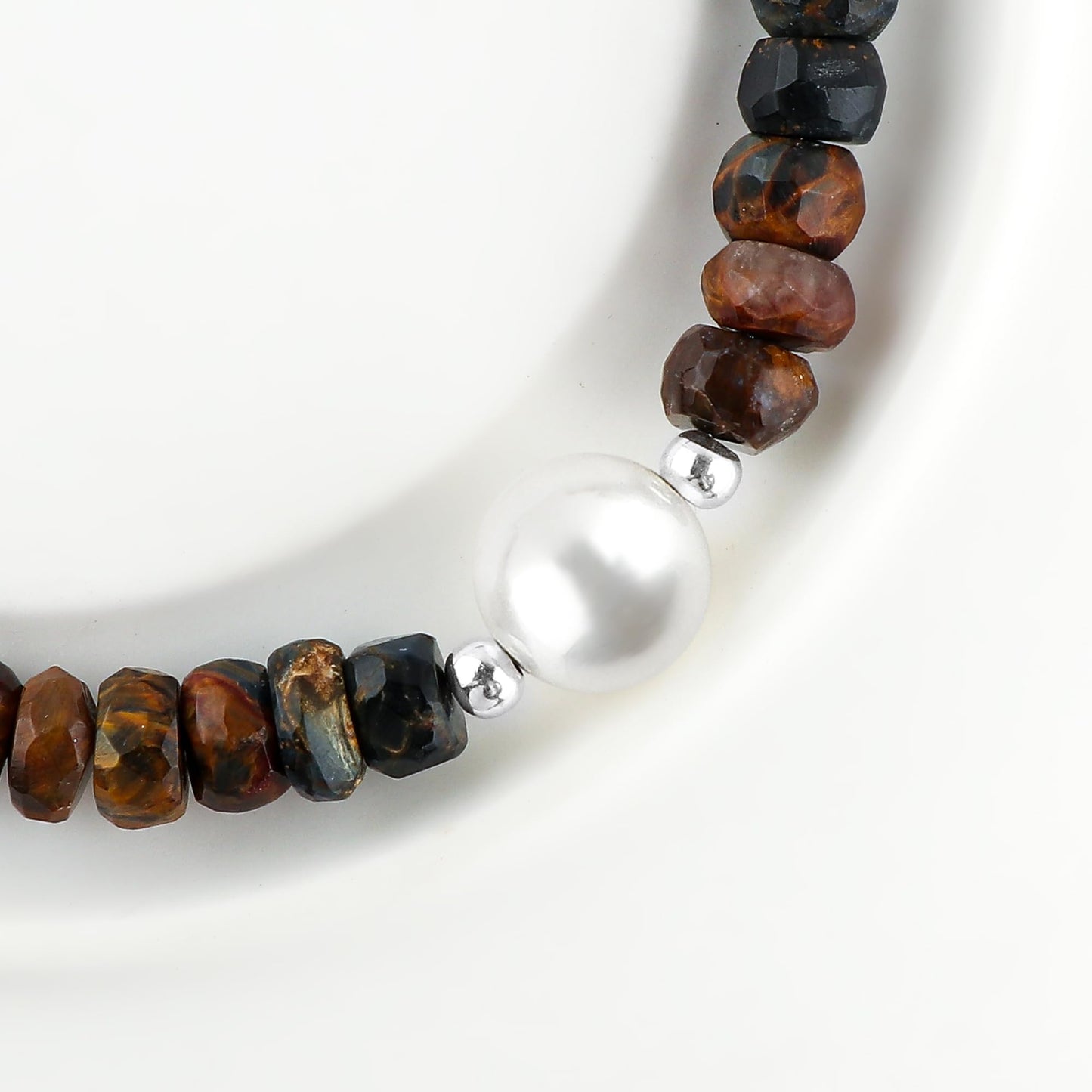 CRYSTALINES Natural Pietersite Gemstones Beads Bolo Bracelets with Pearl, Handmade, Birthstone, Beaded Bracelet, Real Crystals Jewelry, Women Bracelet, Silver Plated Adjustable Chain 6+4inch, A Grade
