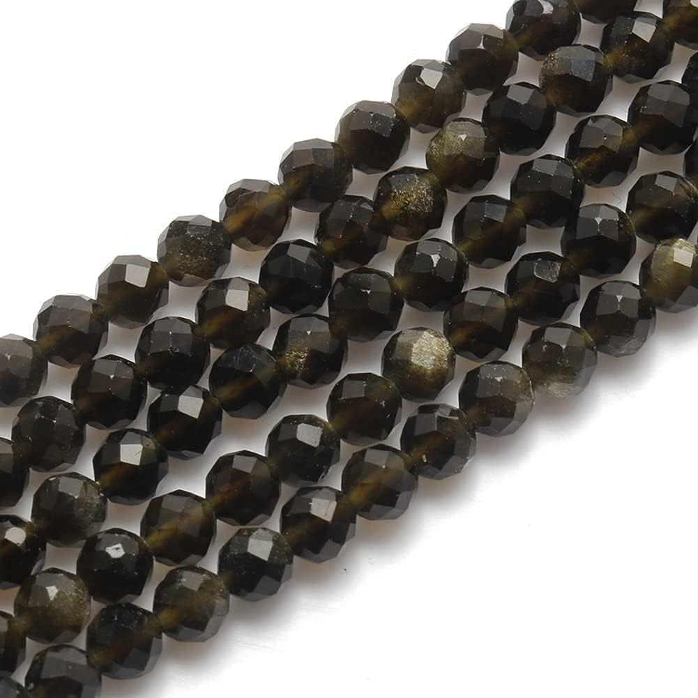 Song Xi 90pcs 4mm Natural Gold Obsidian Gemstone Beads Faceted Round Loose Stone Beads for Jewelry Making