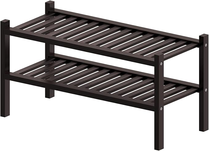 ROMGUAR CRAFT 2 Tier (Thick) Bamboo Shoe Rack for Closet Free Standing Wood Shoe Shelf for Entryway Small Space Stackable 27"x12"x14" (Black Brown)