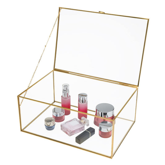 HighFree Vintage Glass Box with Lid - Clear Jewelry Glass Display Box Keepsake Box - Home Decor Decorative Box for Trinket Rings Bracelet (Gold, X-Extra Large)
