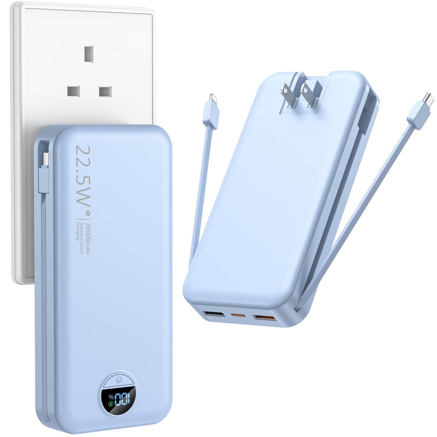 Ffnpua Portable Charger with Wall Plug, 20000mAh USB C Power Bank Fast Charging, External Battery Pack with Built in Cables, Digital Display, 5 Output 2 Input for iPhone Android Cell Phone Tablet