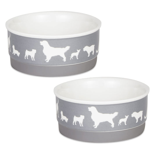 Bone Dry Dog Bone Ceramic Pet Bowl & Canister, Small, 4.25x2, Gray, 2 Count