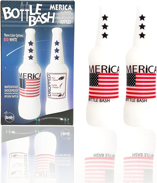 Original Bottle Bash (Beersbee, Polish Horseshoes, Frisbeer) Bottle Set, Unbreakable - Choose Yellow, USA or USA with LED Version