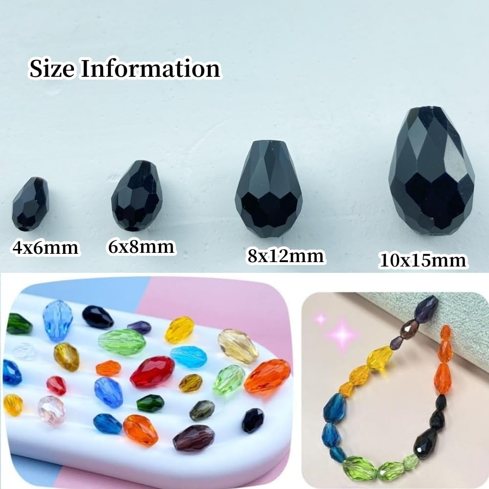 Honkoolly 50pcs 10x15mm Teardrop Crystal Glass Beads Vertical Hole Faceted Glass Teardrop Spacer Beads for Bracelets Necklace Earring DIY Jewelry Making Craft(Black)