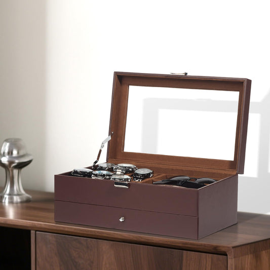 GLJ Jewelry Box for Men, 6 Slot Watch Box Jewelry Organizer With Drawer, Watch Case for Men with Large Window, 2-Layer Watch Holder, Sunglasses Storage Organizer, Velvet Lining, PU Leather, Gift Idea