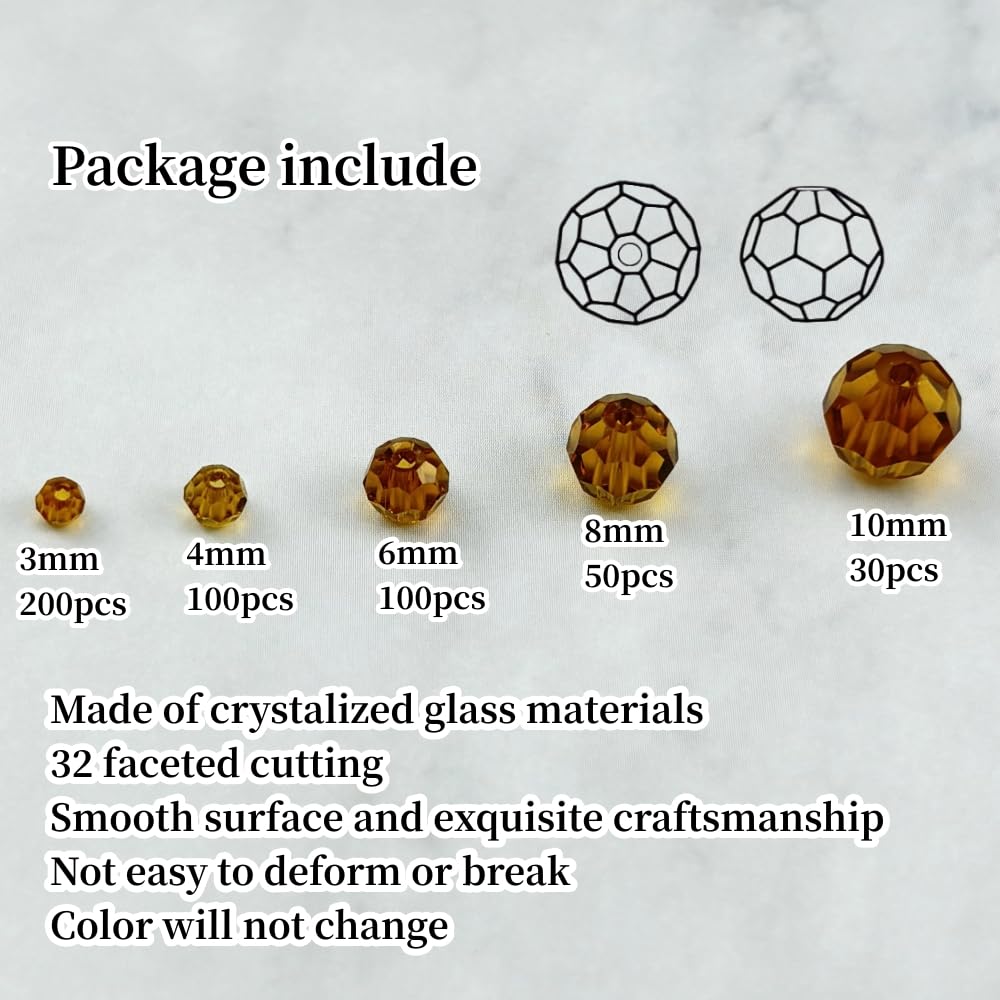 Honkoolly 480pcs Crystal Glass Beads 3mm 4mm 6mm 8mm 10mm Round Faceted Glass Spacer Beads for Bracelets Necklace Earring DIY Jewelry Making Craft(Amber)