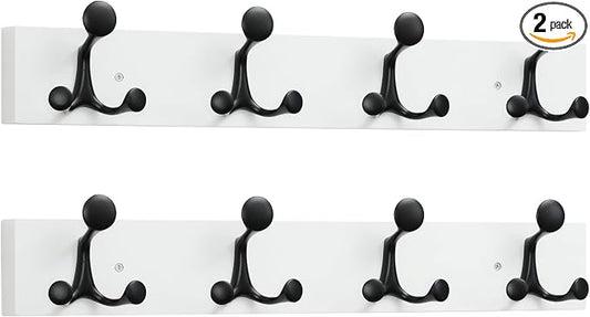 SKOLOO 24-Inch White Wood Coat Rack Wall Mount with 4 Triple Hooks - Ideal for Family Entrances, Classrooms, and Pet Supplies Storage - Perfect Coat Hooks for Wall, Pack of 2