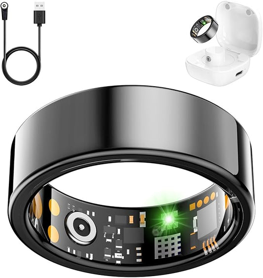 Smart Health Ring for Women Men, Fitness Tracker Ring with Heart Rate, Blood Oxygen, Sleep Tracker, Step Tracker, No Subscription Fee, IP68 Waterproof Smart Ring for iPhone & Android (Black, 7#)