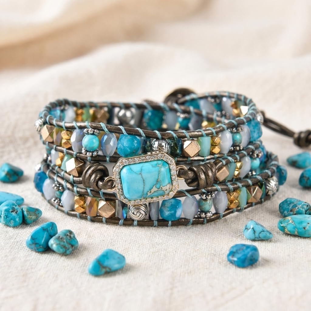 YGLINE Boho Handmade Wrap Leather Tube Crystal Stone Bracelet for Women (3 wrap-blue)