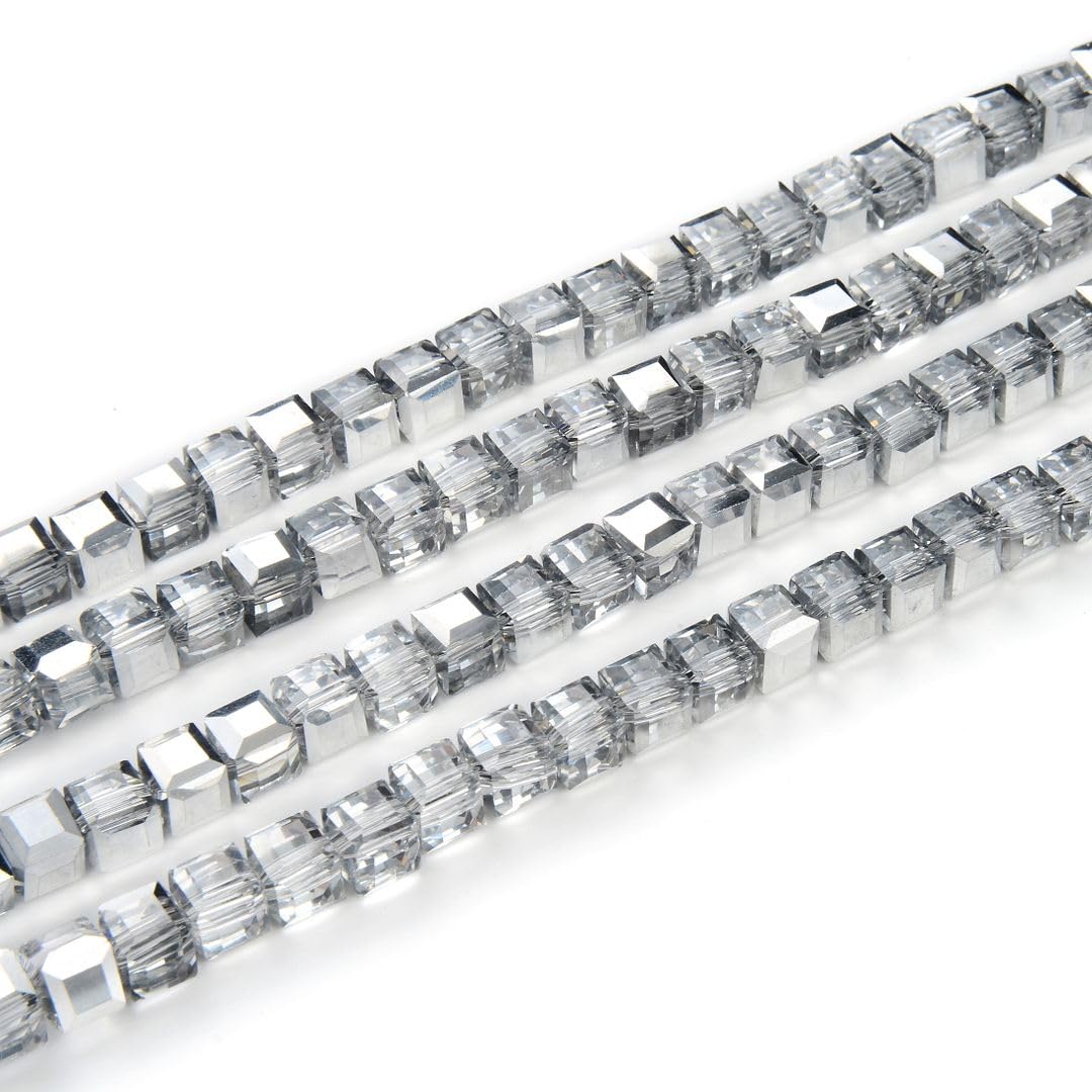 200pcs Czech Faceted Cube Crystal Glass Loose Beads Spacer Bulk 6mm (0.24 Inch) Silver Shade for DIY Jewelry Craft Making CCC632