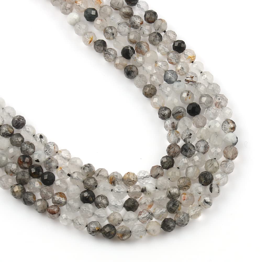 Song Xi 90pcs 4mm Natural Black Rutilated Quartz Gemstone Beads Faceted Round Loose Stone Beads for Jewelry Making