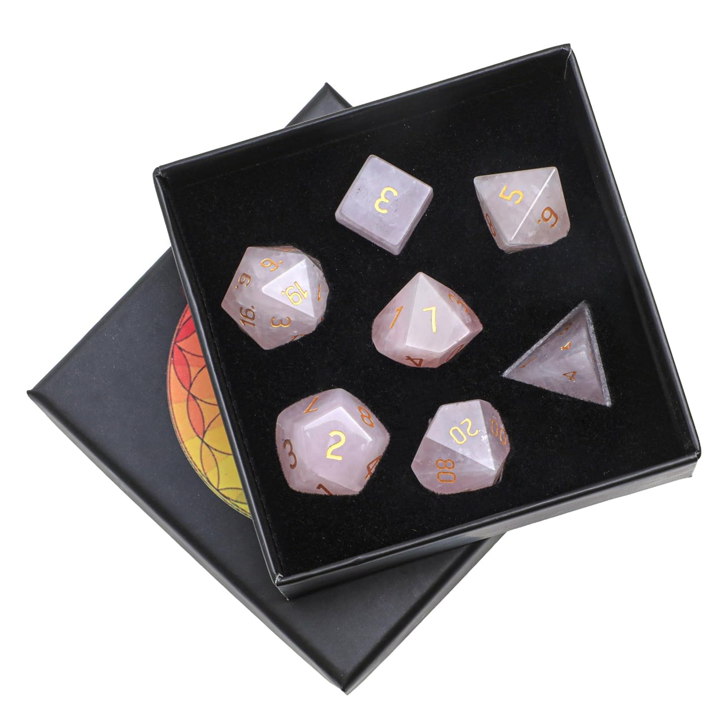 mookaitedecor 7 PCS Rose Quartz Crystal Polyhedral DND Dice Set, Polished Tumbled Stones Dices for RPG MTG Table Games Home Decoration
