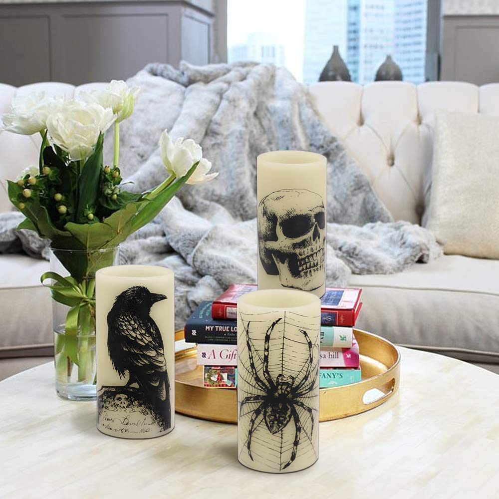 Eldnacele Halloween LED Flameless Flickering Candles Battery Operated with 6H Timer Skull Spider Web Crow Raven Spooky Decals Halloween Themed Indoor Decoration(3 Pack, D3 x H6)