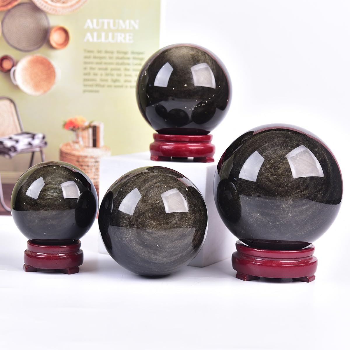 JIC Gem Large Golden Obsidian Crystal Sphere Natural Quartz Crystal Ball with Stand Healing Ornament Witchcraft Meditation Decor 2.7-3.1 inch(70-80mm)