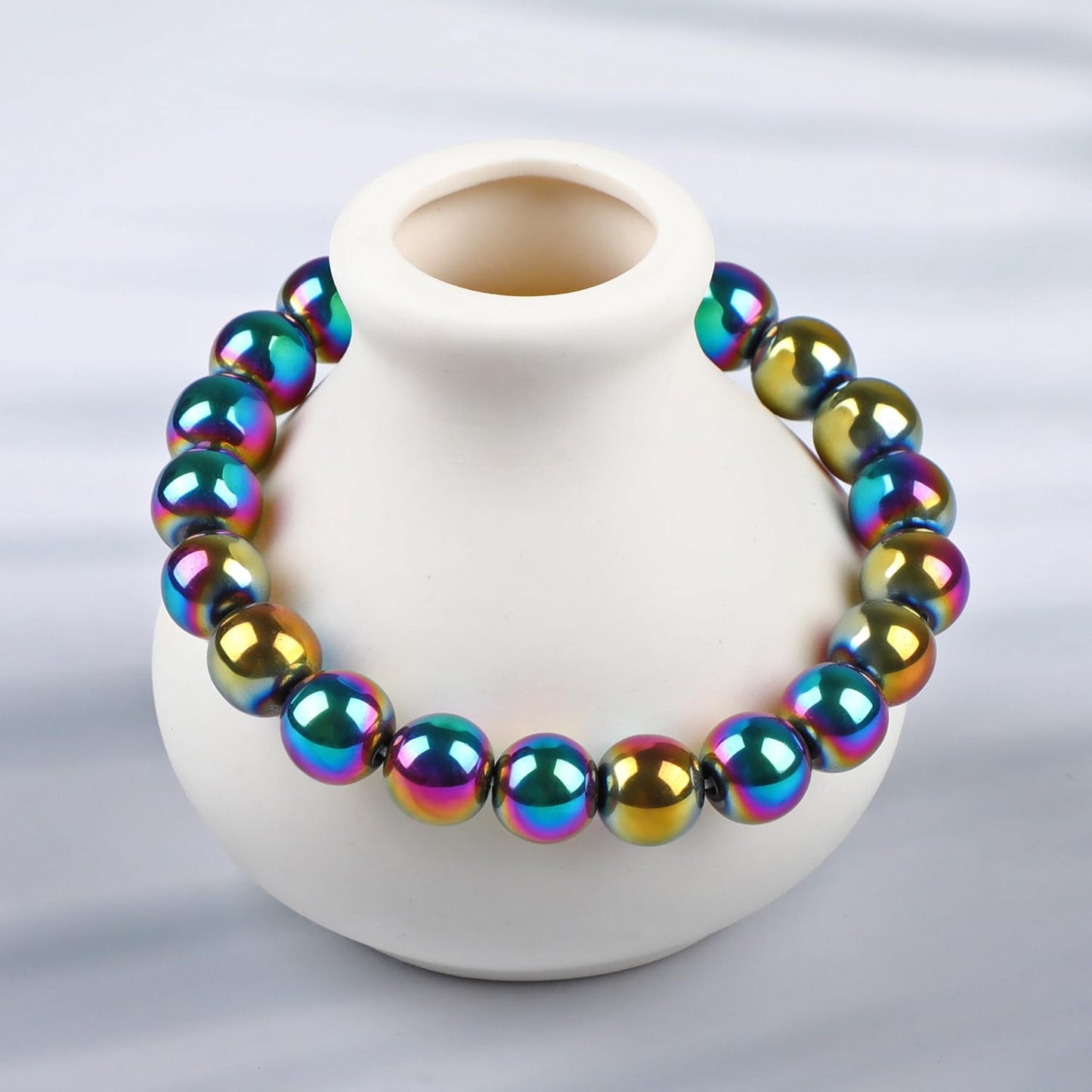 LPBeads Handmade Natural Gemstone Stretch Elastic 10mmm Rainbow Coated Hematite Bracelet Healing Crystal Round Stone Beads Jewelry Gifts for Women Men