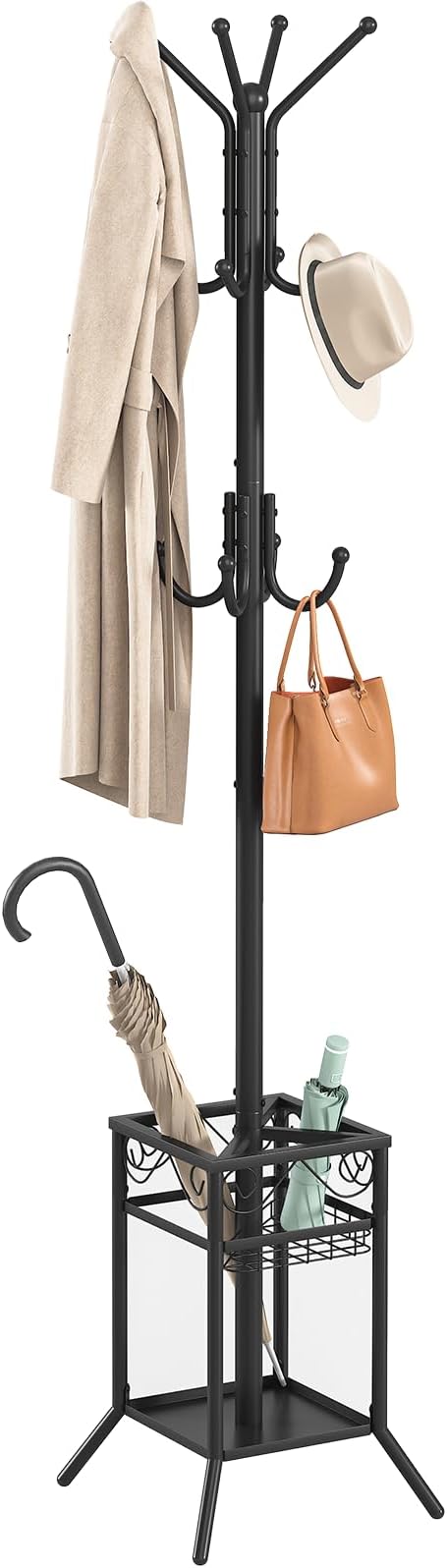 ELYKEN Coat Rack Freestanding, Coat Tree with Umbrella Holder, Metal Coat Rack Stand with 12 Hooks, Modern Standing Coat Hanger Stand, Hall Tree for Entryway Living Room Bedroom Office, Black