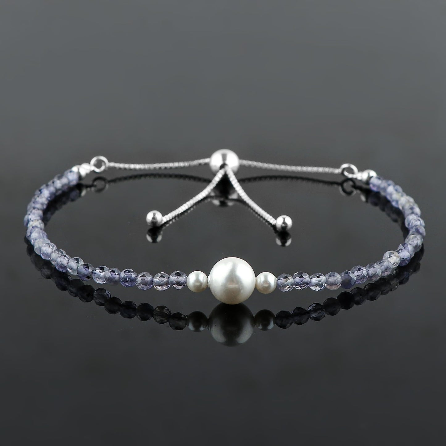 CRYSTALINES Natural Blue Iolite Gemstone Bolo Bracelet, Cultured Pearl Beads Stones, Handmade Hypoallergenic Boho Jewelry for Women, Healing Crystals, Adjustable Silver Plated 6+4inch, Birthday Gift