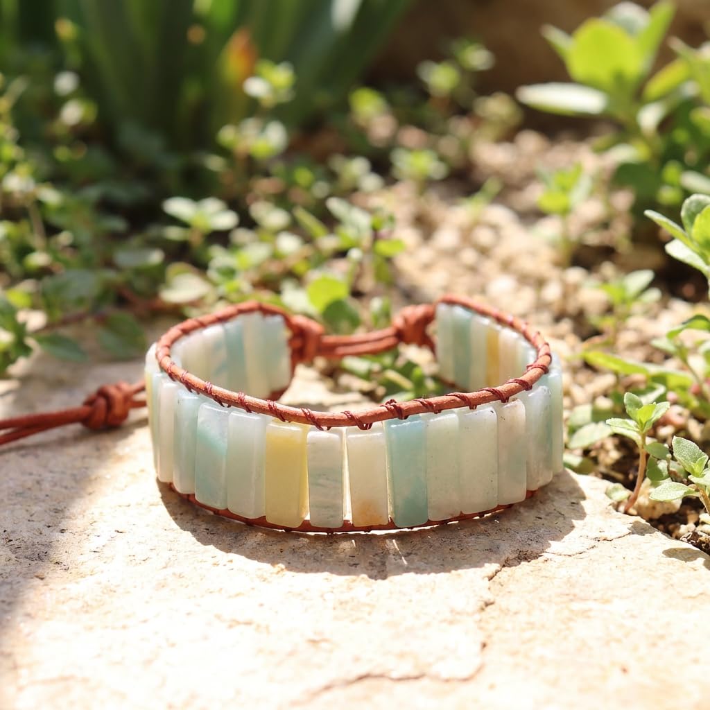 YGLINE Boho Handmade Wrap Leather Tube Crystal Stone Bracelet for Women (Amazonite)