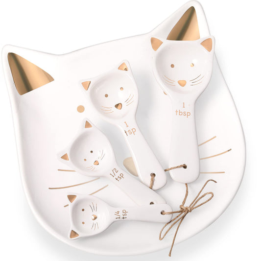 Patelai 5 Pcs Cat Measuring Spoons Set Kitchen Ceramic Counter Cat Ceramic Soup Spoon for Christmas Women Gift(White)