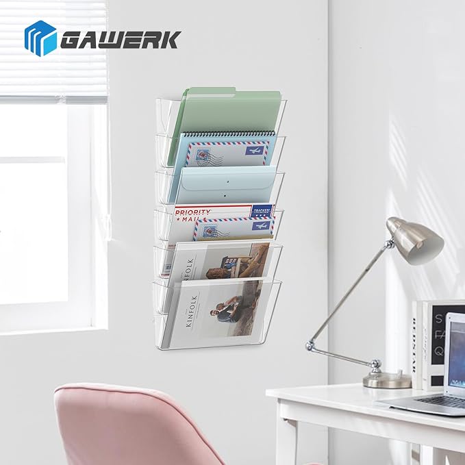 Gawerk 2 Pack Clear Single Pocket File Holder Hanging Wall Organizer, Wall Mount Mails Magazines Organizer for Office and Home (Clear, 1 Pack)