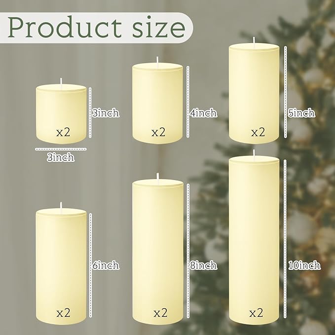 Shihanee 12 Pcs Pillar Candles 3 in x 3,4,5,6,8,10 Dripless Unscented Smokeless Candle Long Burning Decorative Rustic Candles with Cotton Wick for Wedding Home Fireplace (Ivory White)