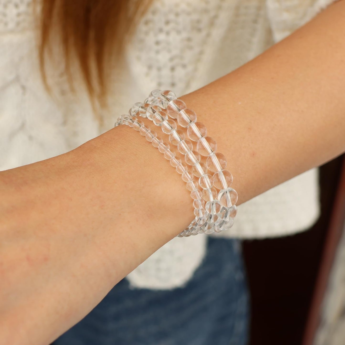 Risyfjew 3 PCS Natural Stone Clear Quartz Beaded Bracelet 4mm 6mm 8mm Healing Crystal Stretch Bracelets Women Clear Quartz Crystal Gifts for Women