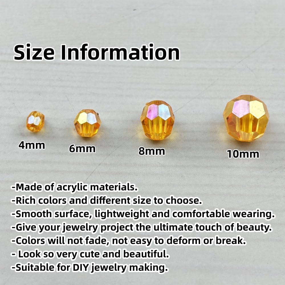 Pinhoollgo 1800pcs Acrylic Faceted Round Beads 4mm 6mm 8mm 10mm AB Colors Glossy Acrylic Round Spacer Beads with Hole for DIY Bracelet Necklace Jewelry Making Supplies Handmade Craft(Orange AB)
