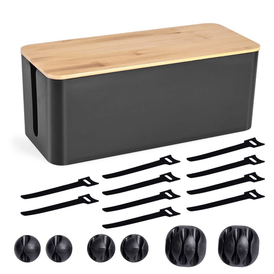Cable Management Box - Wooden Style Cord Organizer Box to Hide Wires & Power Strips | Desk Computer Cable Organizer Box | Safe ABS Material | 12.6" (L) x 5.3" (W) 4.9" (H) | for Home & Office - Black