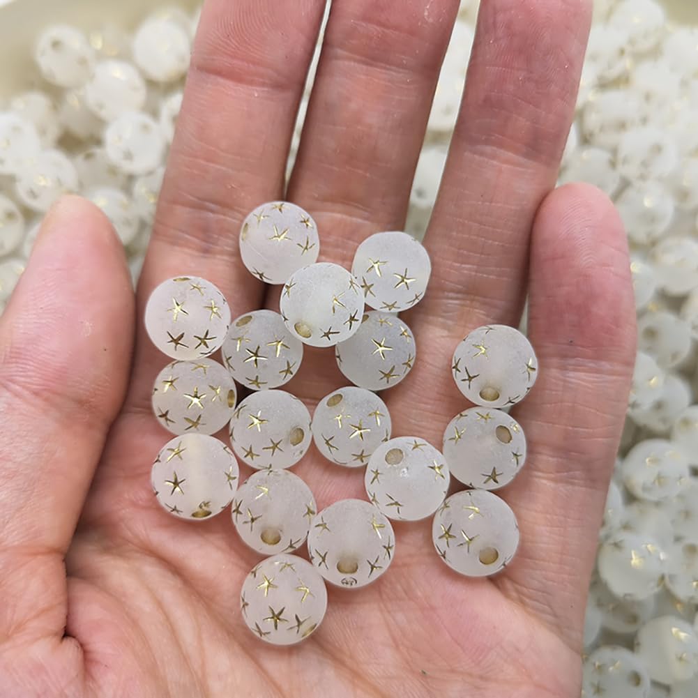 UUYYEO 200 Pcs 10mm Golden Star Round Beads Frosted Acrylic Beads Shiny Crystal Beads Chunky Beads Matte Craft Beads Plastic Jewelry Making Beads for Necklace Bracelet