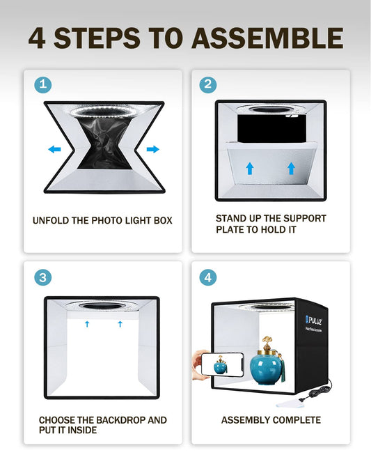 PULUZ 9.8"/25cm Foldable Portable Photo Studio Light Box, Adjustable Brightness Light Box Photography Lighting Shooting Tent Kit, with LED Lights and 12 Colors Backdrop